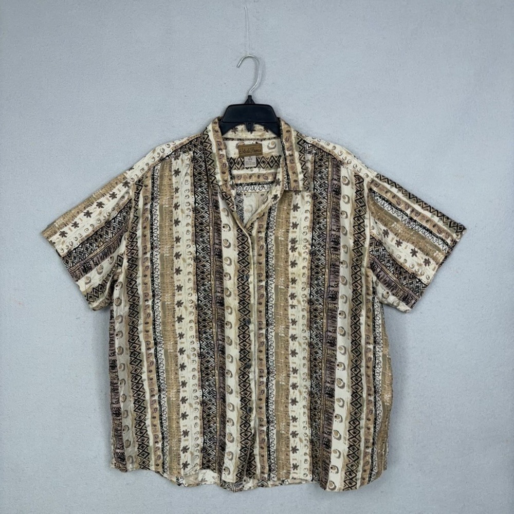 Cote de France Shirt Womens 1X Brown Geometric Tribal Print Silk Boho Button Up